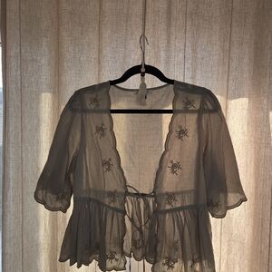 Sheer Embroidered Greeb Tie-Front Top